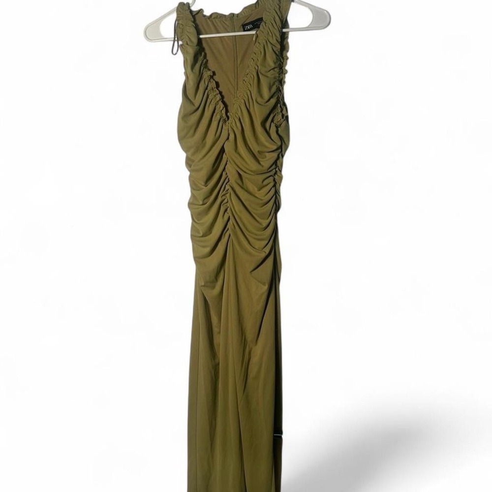 Zara Olive Green Ruched Maxi Dress